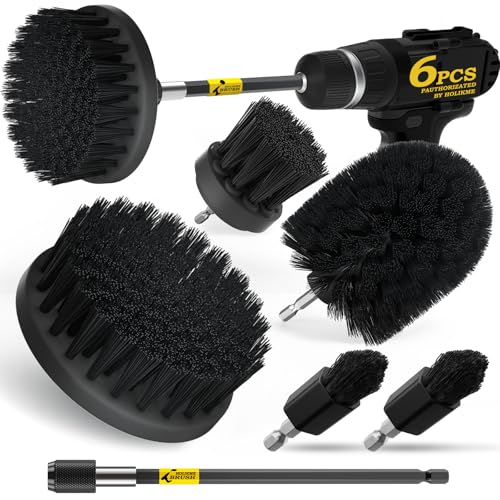 Holikme 6Pack Drill Brush Power Scrubber Cleaning Brush Extended Long Attachment Set All Purpose Drill Scrub Brushes Kit for Grout Floor Tub Shower Tile Bathroom Black - Image 1