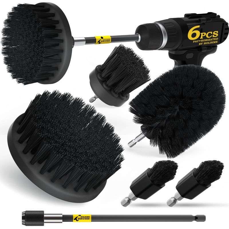 Holikme 6Pack Drill Brush Power Scrubber Cleaning Brush Extended Long Attachment Set All Purpose Drill Scrub Brushes Kit for Grout Floor Tub Shower Tile Bathroom Black - Image 2