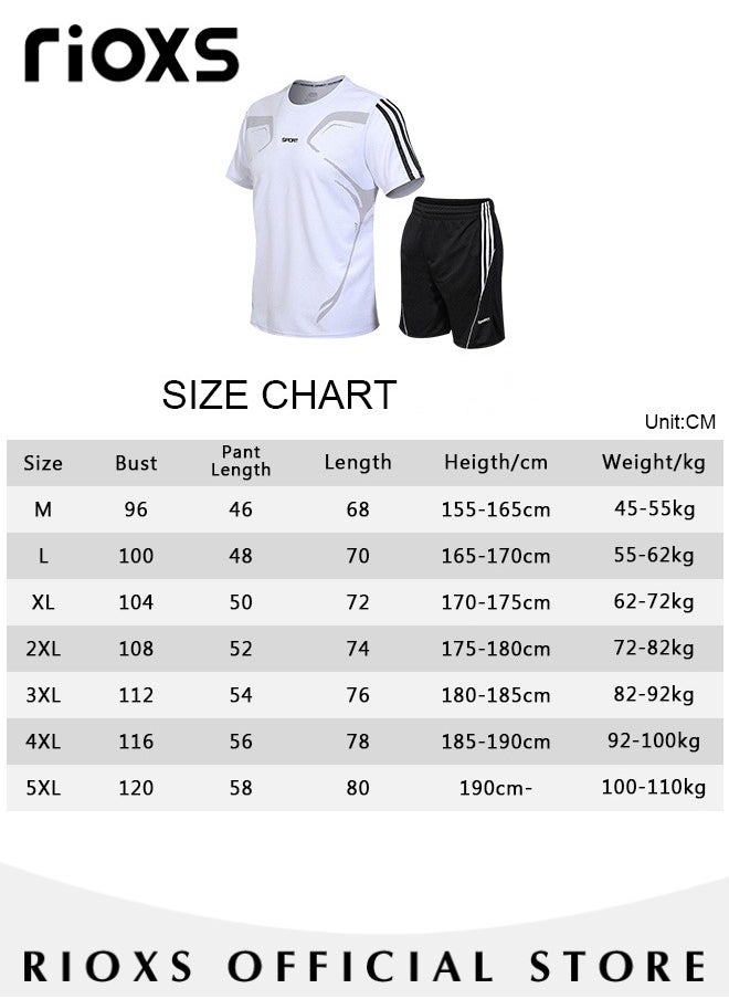 RIOXS - Men's 2Pcs Sports Suit Summer Casual White and Black Outfits Quick-Drying Short-Sleeved T-Shirt and Loose Short Outdoor Casual Wear - Image 1