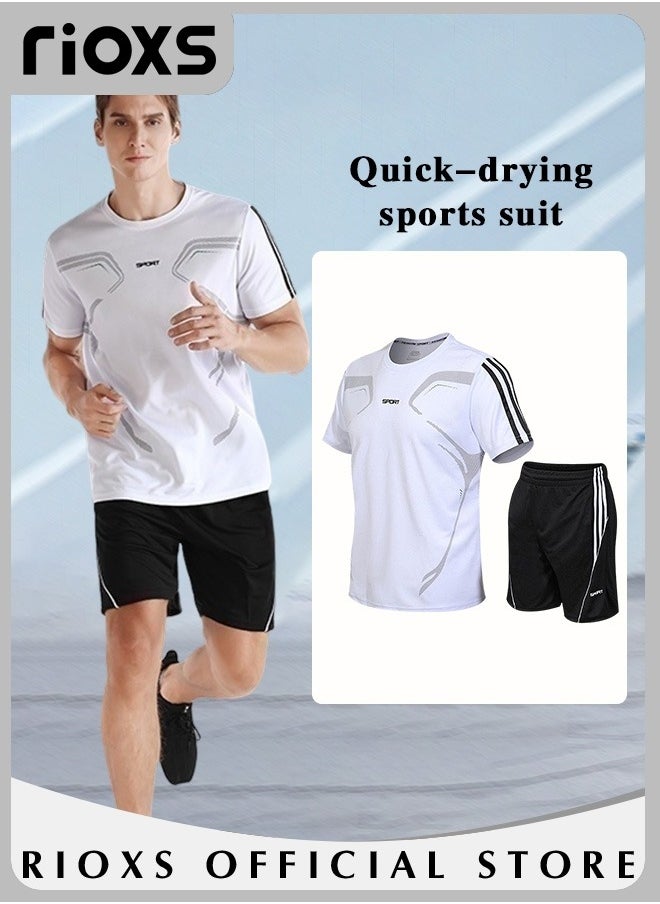RIOXS - Men's 2Pcs Sports Suit Summer Casual White and Black Outfits Quick-Drying Short-Sleeved T-Shirt and Loose Short Outdoor Casual Wear - Image 1