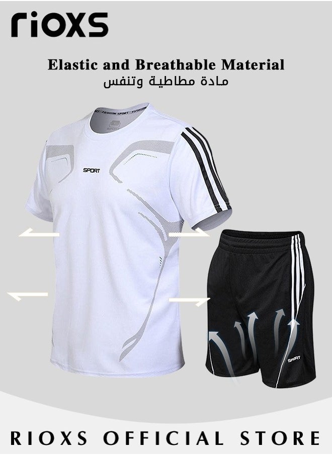 RIOXS - Men's 2Pcs Sports Suit Summer Casual White and Black Outfits Quick-Drying Short-Sleeved T-Shirt and Loose Short Outdoor Casual Wear - Image 1