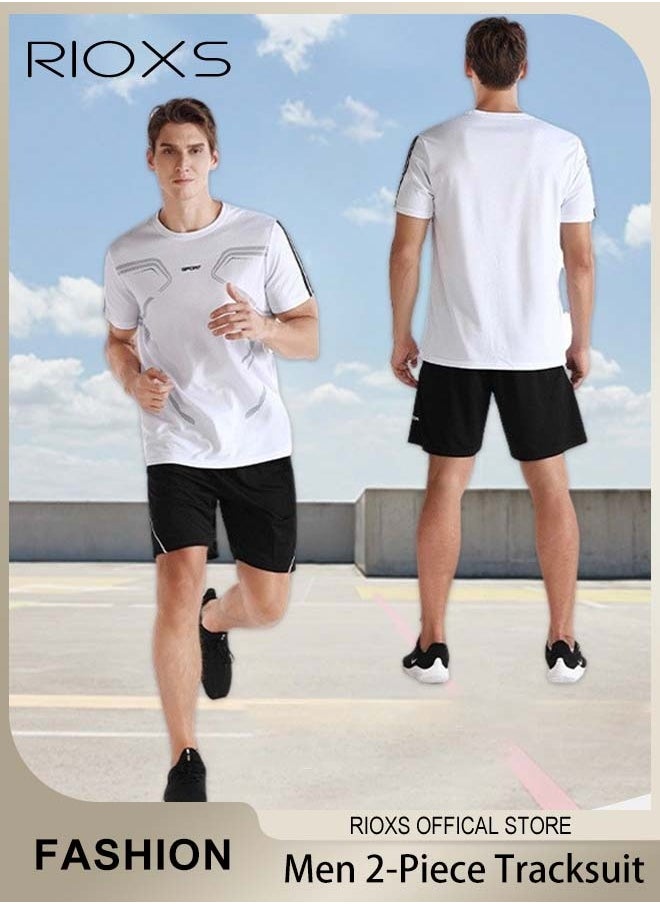 RIOXS - Men's 2Pcs Sports Suit Summer Casual White and Black Outfits Quick-Drying Short-Sleeved T-Shirt and Loose Short Outdoor Casual Wear - Image 1