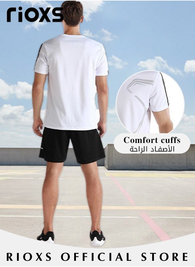 RIOXS - Men's 2Pcs Sports Suit Summer Casual White and Black Outfits Quick-Drying Short-Sleeved T-Shirt and Loose Short Outdoor Casual Wear - Image 1