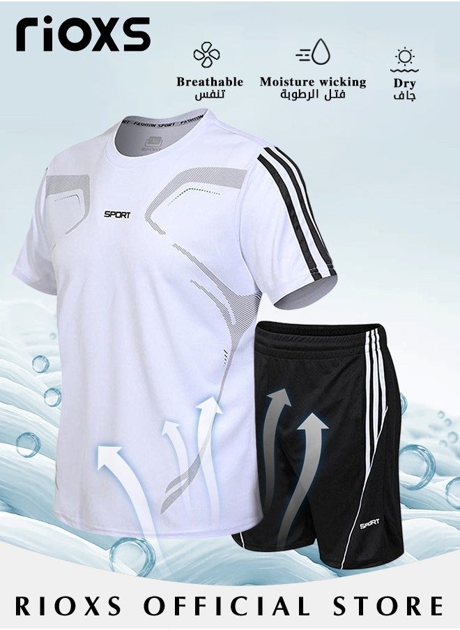 RIOXS - Men's 2Pcs Sports Suit Summer Casual White and Black Outfits Quick-Drying Short-Sleeved T-Shirt and Loose Short Outdoor Casual Wear - Image 1