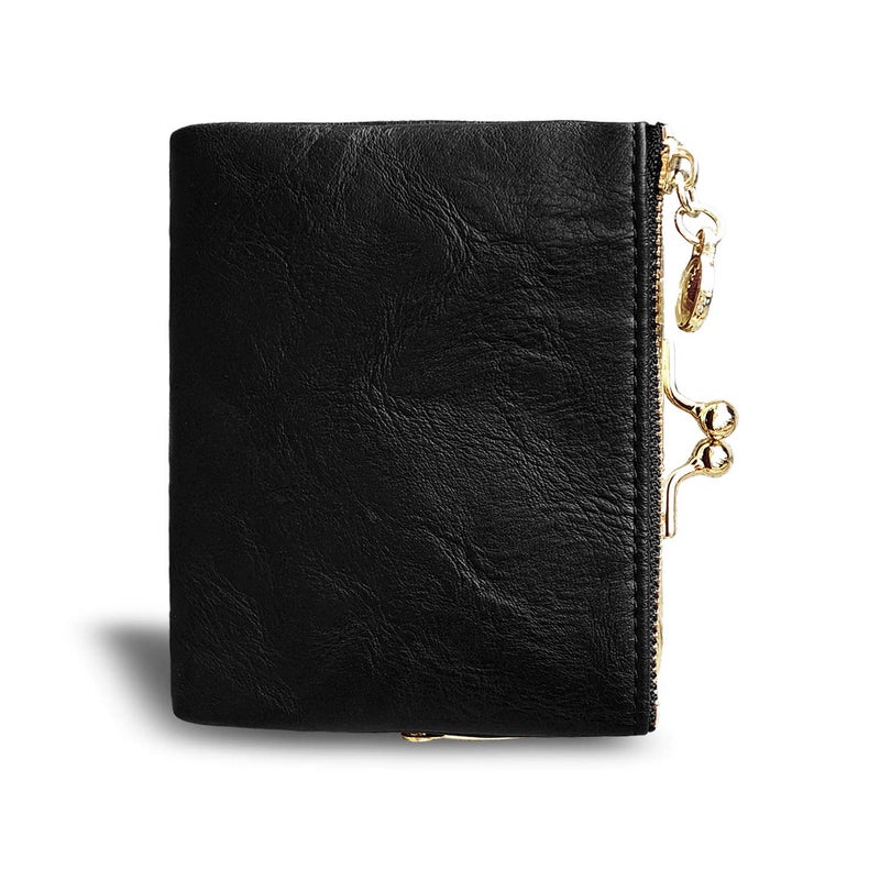 AOXONEL Womens Wallet Small Rfid Ladies Compact Bifold Leather Vintage Coin Purse With Zipper and Kiss Lock (Black) - Image 4