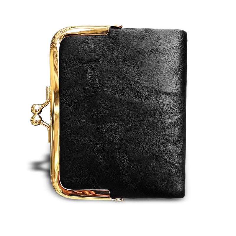 AOXONEL Womens Wallet Small Rfid Ladies Compact Bifold Leather Vintage Coin Purse With Zipper and Kiss Lock (Black) - Image 3