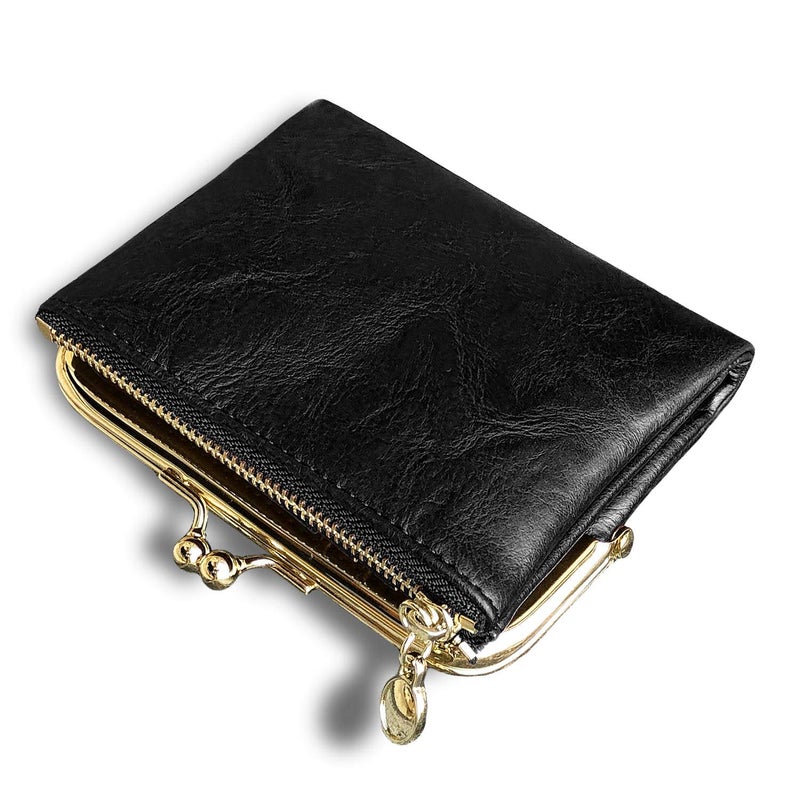 AOXONEL Womens Wallet Small Rfid Ladies Compact Bifold Leather Vintage Coin Purse With Zipper and Kiss Lock (Black) - Image 1
