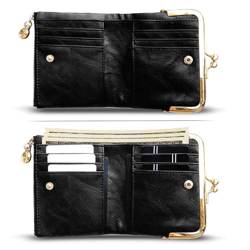 AOXONEL Womens Wallet Small Rfid Ladies Compact Bifold Leather Vintage Coin Purse With Zipper and Kiss Lock (Black) - Image 2