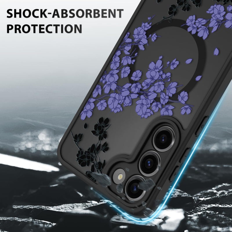 OOK Case Fit for Samsung Galaxy S23 6.2 Inch (Wireless Charging Compatible) Purple Floral Flowers Design Translucent Phone Cover Soft TPU + Hard PC Anti-Scratch Shockproof Magnetic Case for Women - Image 4