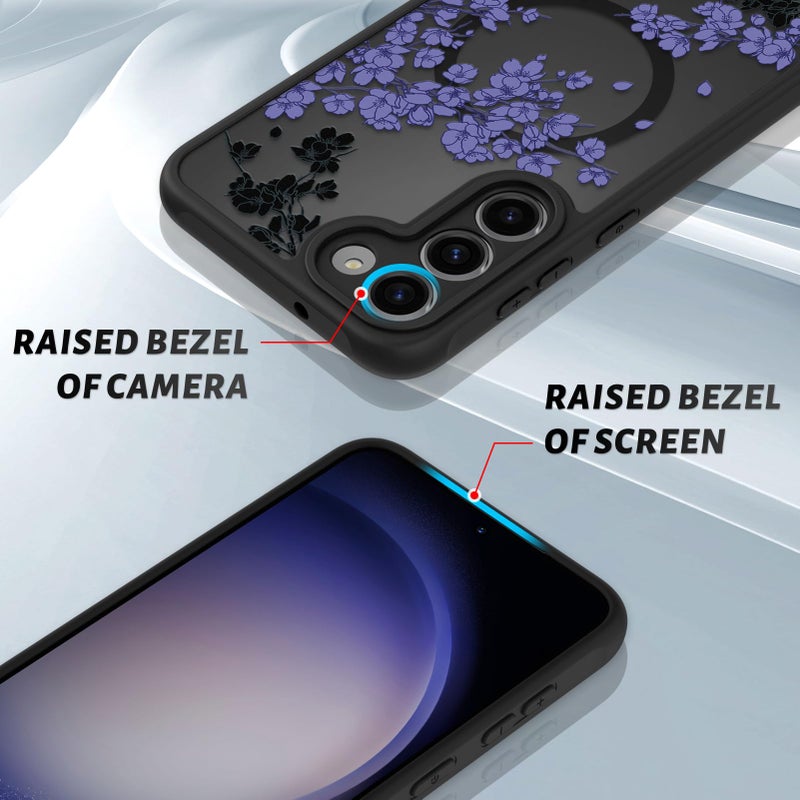 OOK Case Fit for Samsung Galaxy S23 6.2 Inch (Wireless Charging Compatible) Purple Floral Flowers Design Translucent Phone Cover Soft TPU + Hard PC Anti-Scratch Shockproof Magnetic Case for Women - Image 3