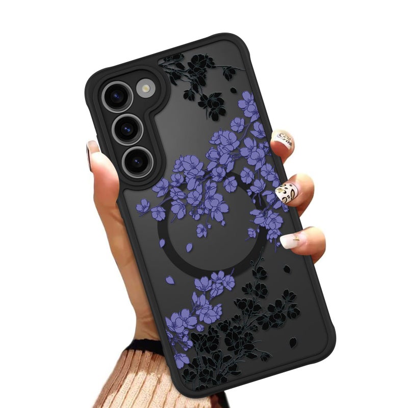 OOK Case Fit for Samsung Galaxy S23 6.2 Inch (Wireless Charging Compatible) Purple Floral Flowers Design Translucent Phone Cover Soft TPU + Hard PC Anti-Scratch Shockproof Magnetic Case for Women - Image 1