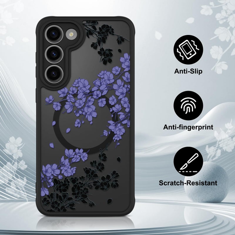 OOK Case Fit for Samsung Galaxy S23 6.2 Inch (Wireless Charging Compatible) Purple Floral Flowers Design Translucent Phone Cover Soft TPU + Hard PC Anti-Scratch Shockproof Magnetic Case for Women - Image 5