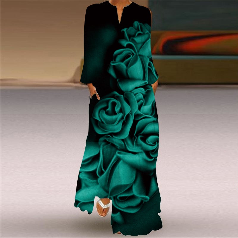 Women's V-Neck Long Sleeve Printed Loose Maxi Dress with Pockets - Image 2