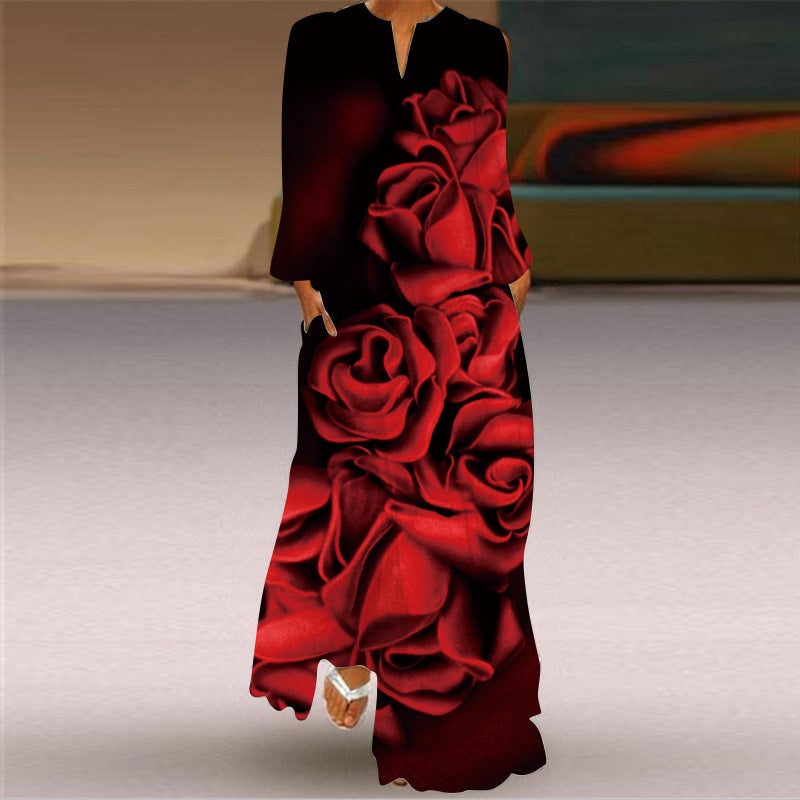 Women's V-Neck Long Sleeve Printed Loose Maxi Dress with Pockets - Image 3
