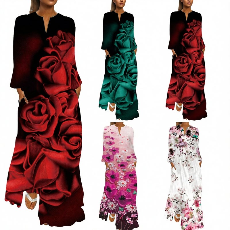 Women's V-Neck Long Sleeve Printed Loose Maxi Dress with Pockets - Image 1