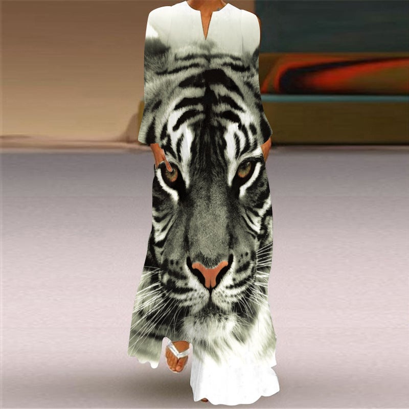 Women's V-Neck Long Sleeve Printed Loose Maxi Dress with Pockets - Image 4