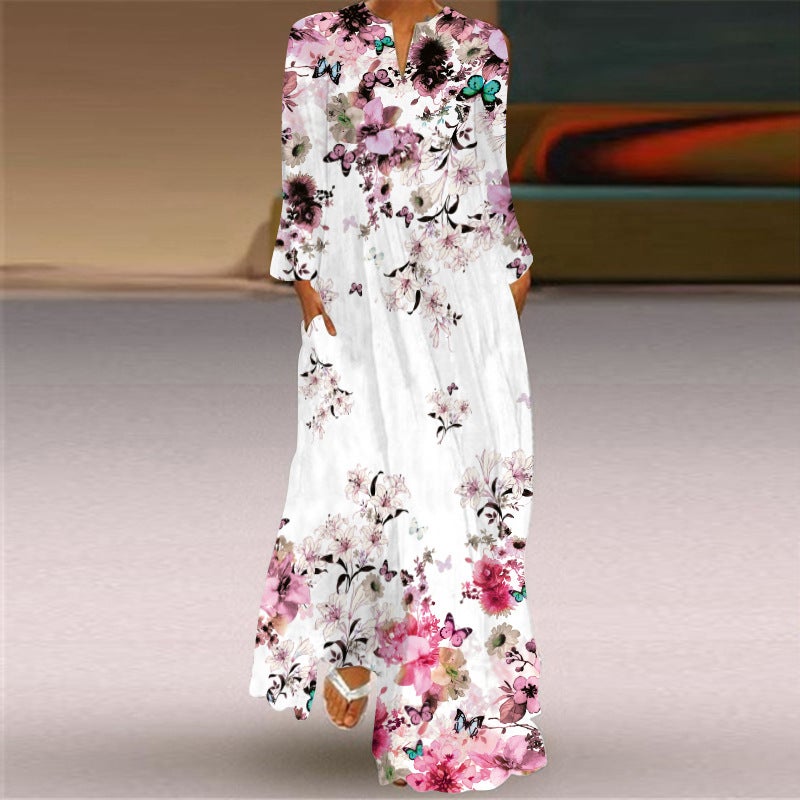 Women's V-Neck Long Sleeve Printed Loose Maxi Dress with Pockets - Image 5