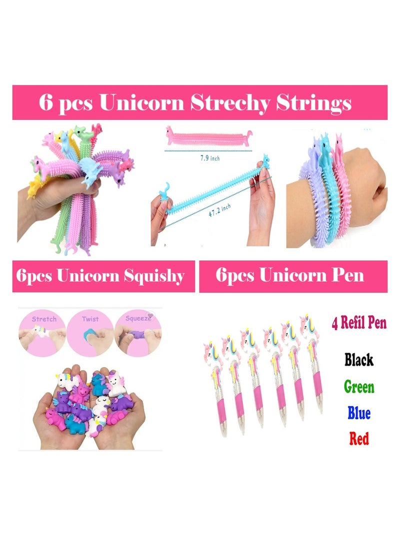 JOLLITY LLC هدايا حفلات يونيكورن للأطفال، أكياس هدايا برباط، سلاسل مفاتيح، حلقات، بيض إسفنجي، مقاليع، أقلام ألغاز، وشم، أكياس هدايا لحفلات أعياد الميلاد، حشوات (66 قطعة) - Image 5