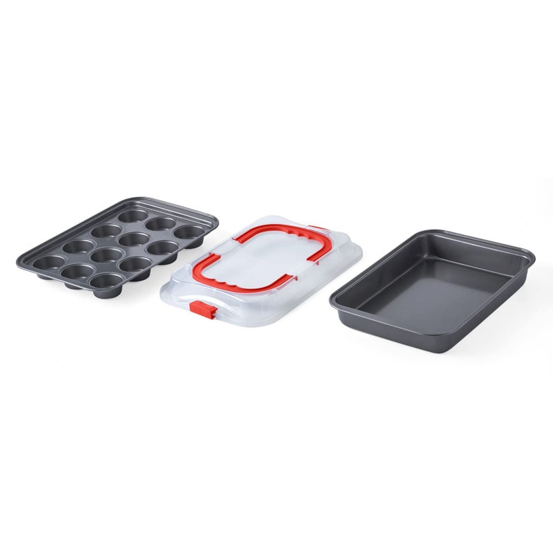 Nifty Solutions Cake Pan  Muffin Pan with Lid 2 Piece Baking Pans Set  9 x 13 Cake Pan  12Cup Muffin PanNonStick Pans Kitchen Bakeware Dishwasher Safe