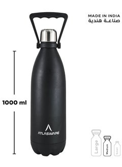 Atlasware Water Bottle with a Capacity of 1000 ml, Stainless Steel Water Bottle that keeps Cold for 82 Hours and Keeps Heat for 34 Hours, Black  - Image 3