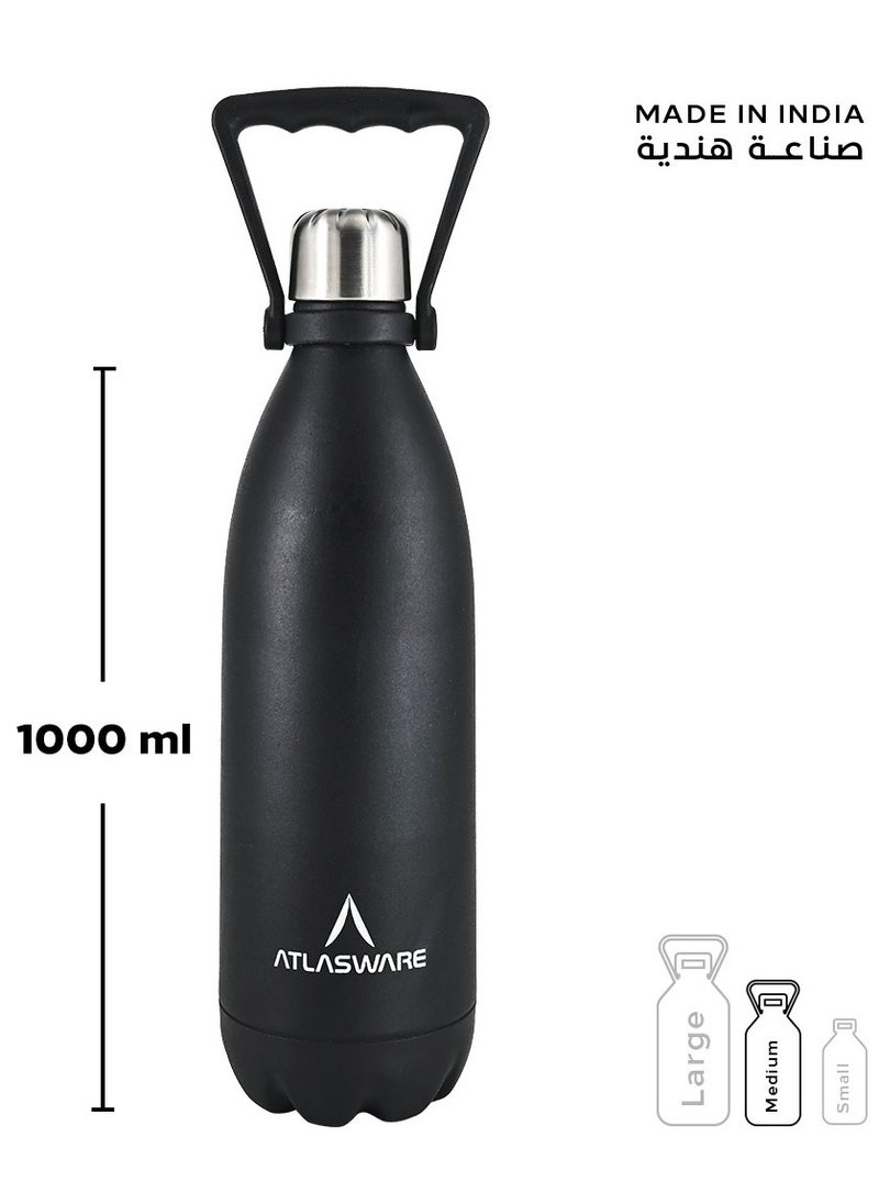 Atlasware Water Bottle with a Capacity of 1000 ml, Stainless Steel Water Bottle that keeps Cold for 82 Hours and Keeps Heat for 34 Hours, Black  - Image 3