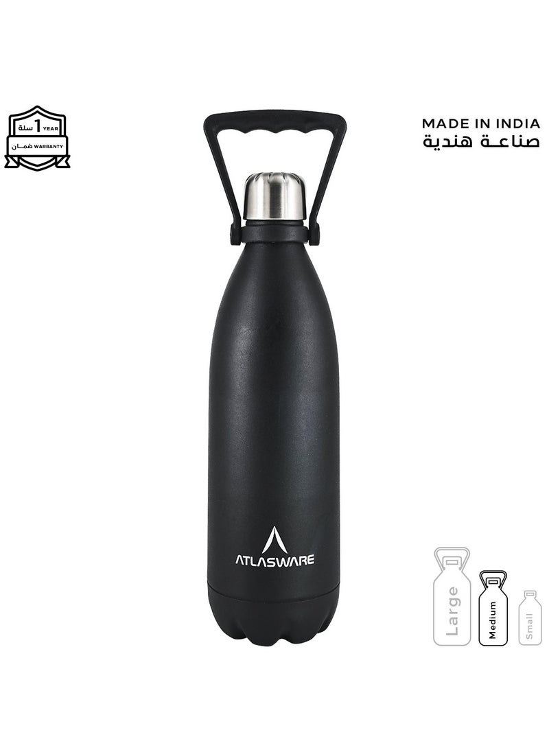 Atlasware Water Bottle with a Capacity of 1000 ml, Stainless Steel Water Bottle that keeps Cold for 82 Hours and Keeps Heat for 34 Hours, Black  - Image 1