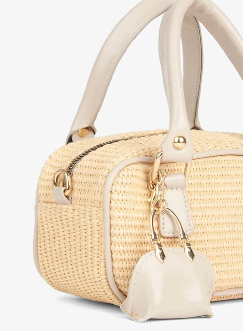 Women's seagrass wicker Vison charm accessory zipper closure hand, wrist and shoulder bag.
