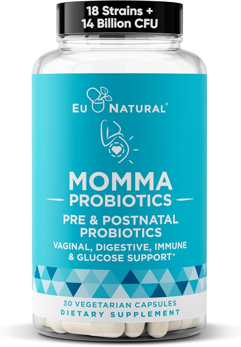 Eu Natural Momma Prenatal Probiotics Mom  Baby  Gut and Digestive Postpartum Nursing Morning Sickness Pregnancy Relief  18 Clinically Proven Strains 14 Billion CFU Prebiotic  30 Mini Vegan Capsules - Image 1