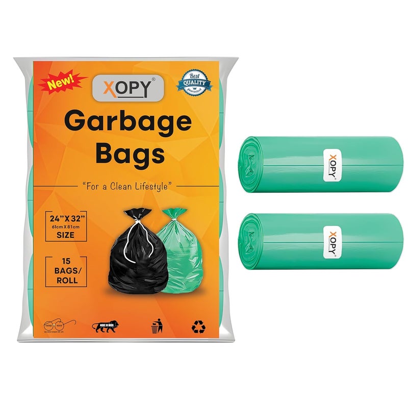 XOPY XOPY Premium EcoFriendly Garbage Bag 24 X 32 Inches Large Size Dustbin Bag Pack of 2 Rolls 30 Trash Bags Green Colour Wast Bag For Everyday Use Bin Bag For Dry Wet Waste Pouch Packing 