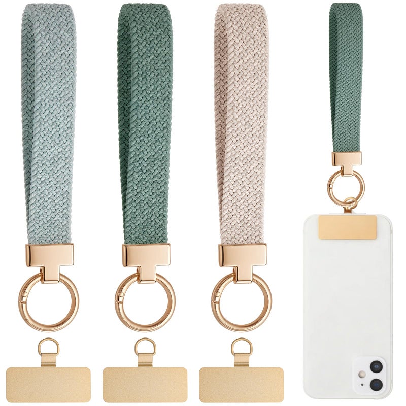Bememo 3 Pack Phone Wrist Strap Stretchy Woven Wrist Lanyard with 3 Gold Steel Tether Tab for Women Men Wallet Phone(White, Light Green, Dark Green) - Image 1