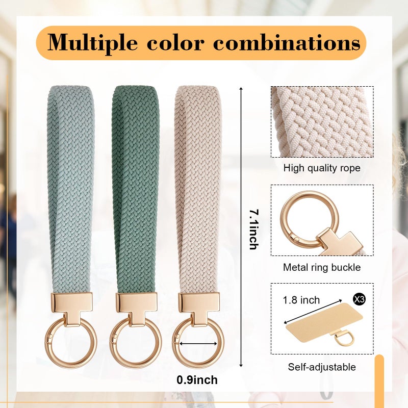 Bememo 3 Pack Phone Wrist Strap Stretchy Woven Wrist Lanyard with 3 Gold Steel Tether Tab for Women Men Wallet Phone(White, Light Green, Dark Green) - Image 2