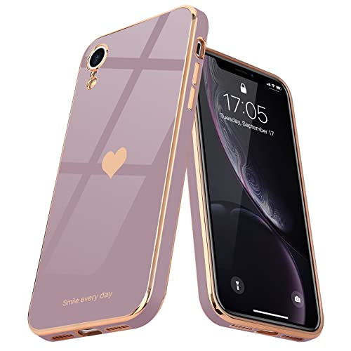 Teageo Compatible with iPhone Xr Case for Women Girl Cute Love-Heart Luxury Bling Plating Soft Back Cover Raised Full Camera Protection Bumper Silicone Shockproof Phone Case for iPhone Xr, Lavender - Image 1