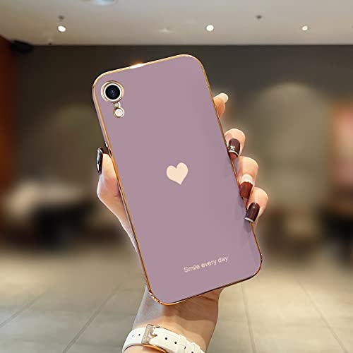 Teageo Compatible with iPhone Xr Case for Women Girl Cute Love-Heart Luxury Bling Plating Soft Back Cover Raised Full Camera Protection Bumper Silicone Shockproof Phone Case for iPhone Xr, Lavender - Image 2