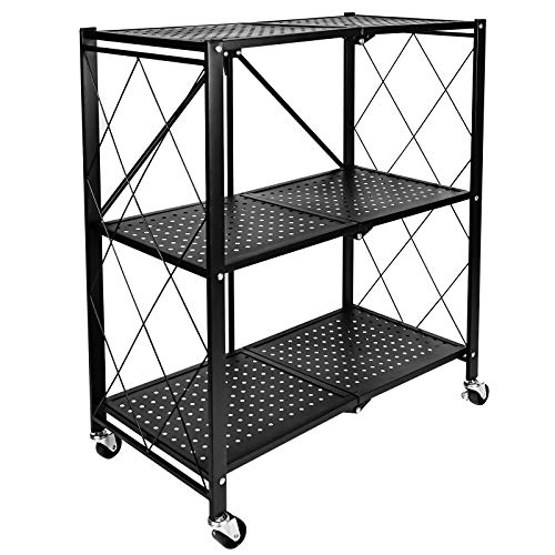 YSSOA 3Tier Foldable Metal Shelves Heavy Duty Storage Shelving Unit with Wheels Organizer Shelves for Garage Kitchen Black
