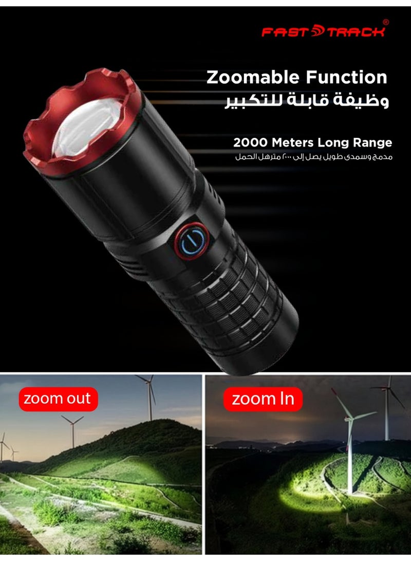Fast Track Zoomable LED Flash Light, HP70 LED, 3500 Lumens, 27-Hour Battery Life, Type-C Fast Charging, 2000m Long Range, 2-Year Warranty – Black - Image 4
