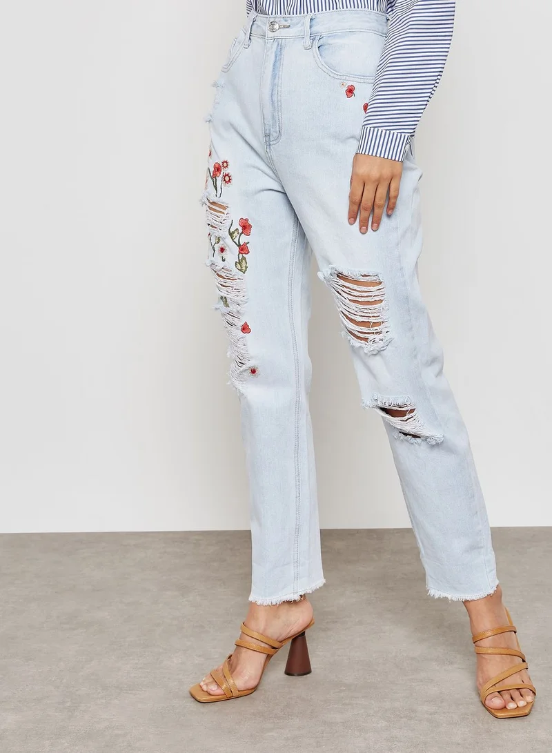 FOREVER 21 Embroidered Ripped Jeans
