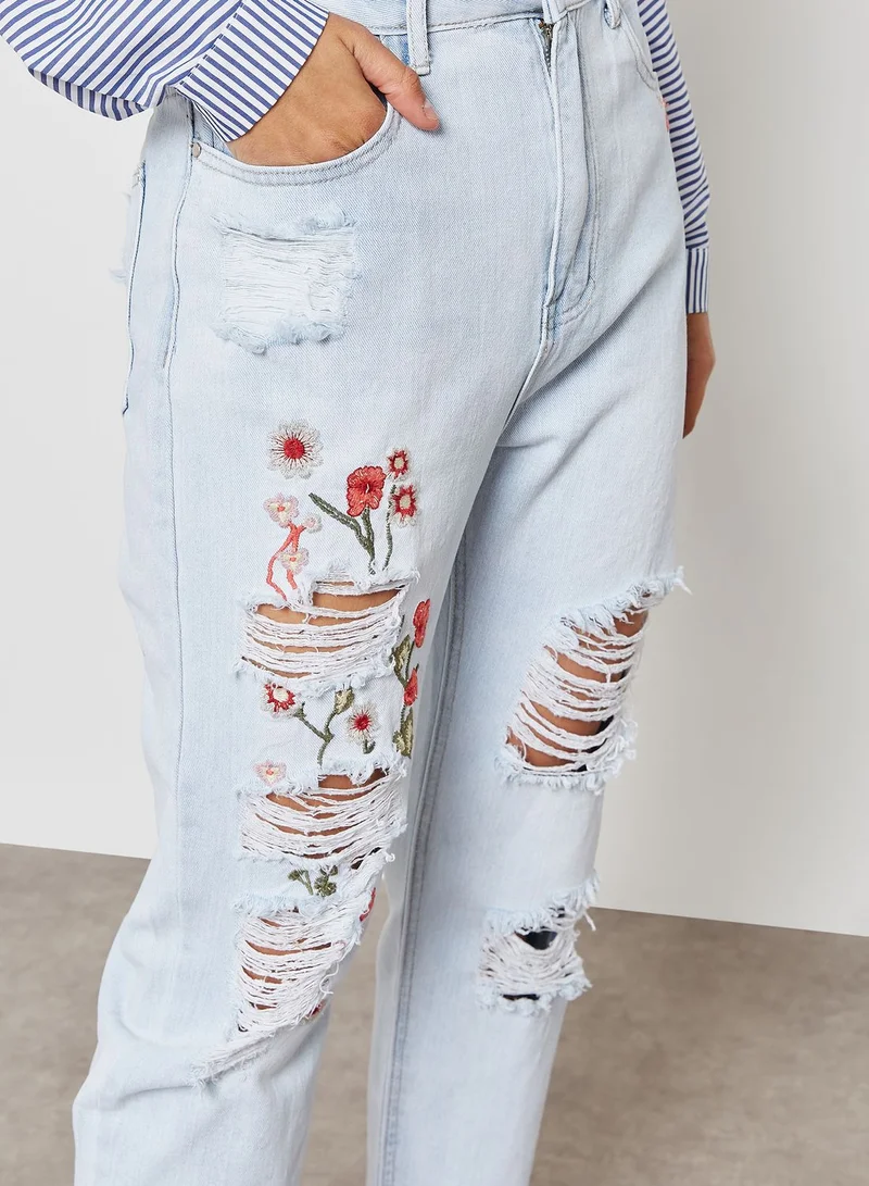 FOREVER 21 Embroidered Ripped Jeans