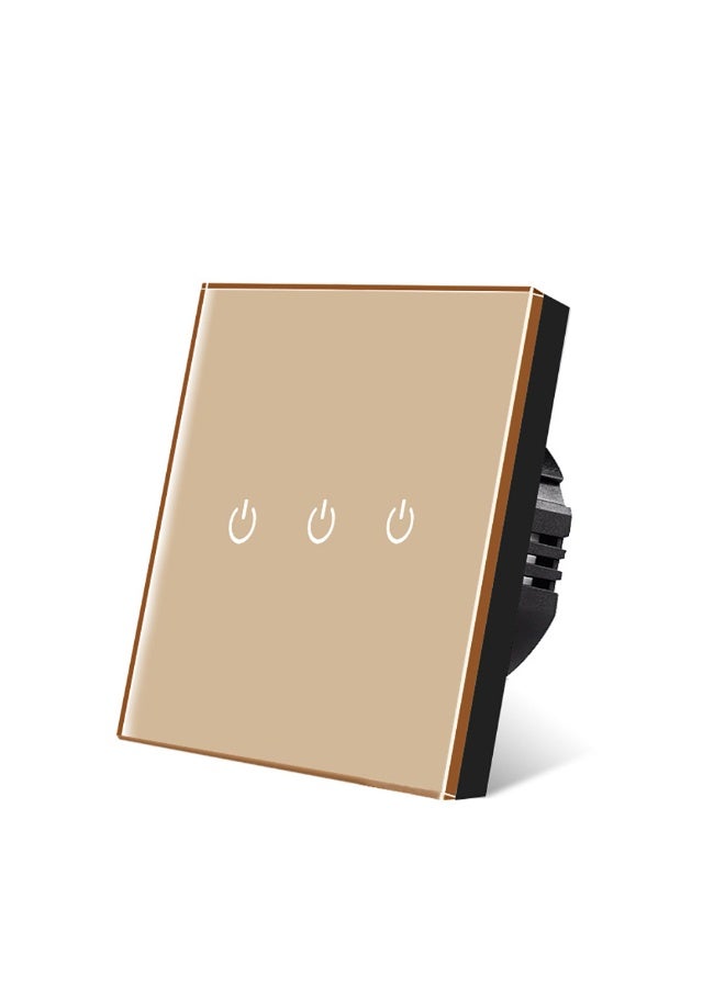 UBARO  86 Type Tempered Glass Smart Touch Wall Switch, Single Live Wire Embedded Flush Mount 3 Gang Gold Panel Black Shell - Image 1