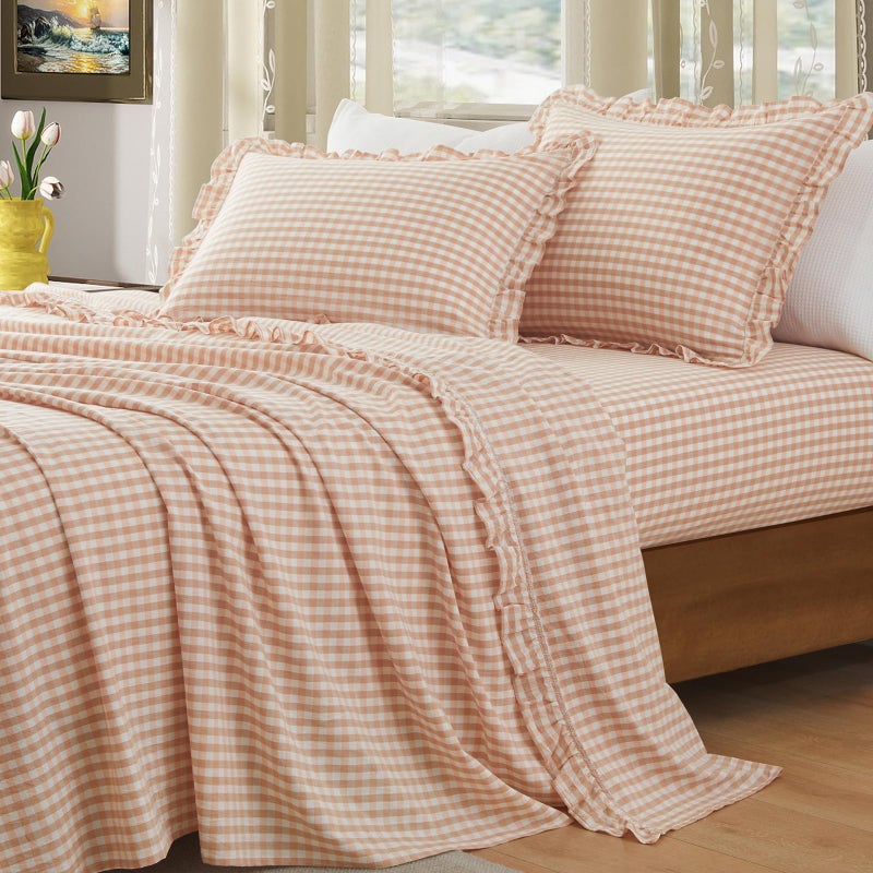 KKJIAF 3 Pieces Plaid Ruffle Twin Bed Sheets, Cotton Gingham Twin Sheet Set Linen Feel Comfy Breathable Ruffed Bed Sheet Set with 16 Inch Deep Pocket, Light Pink - Image 1
