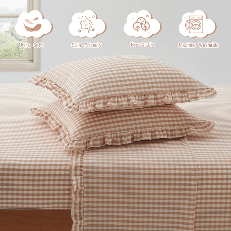 KKJIAF 3 Pieces Plaid Ruffle Twin Bed Sheets, Cotton Gingham Twin Sheet Set Linen Feel Comfy Breathable Ruffed Bed Sheet Set with 16 Inch Deep Pocket, Light Pink - Image 4
