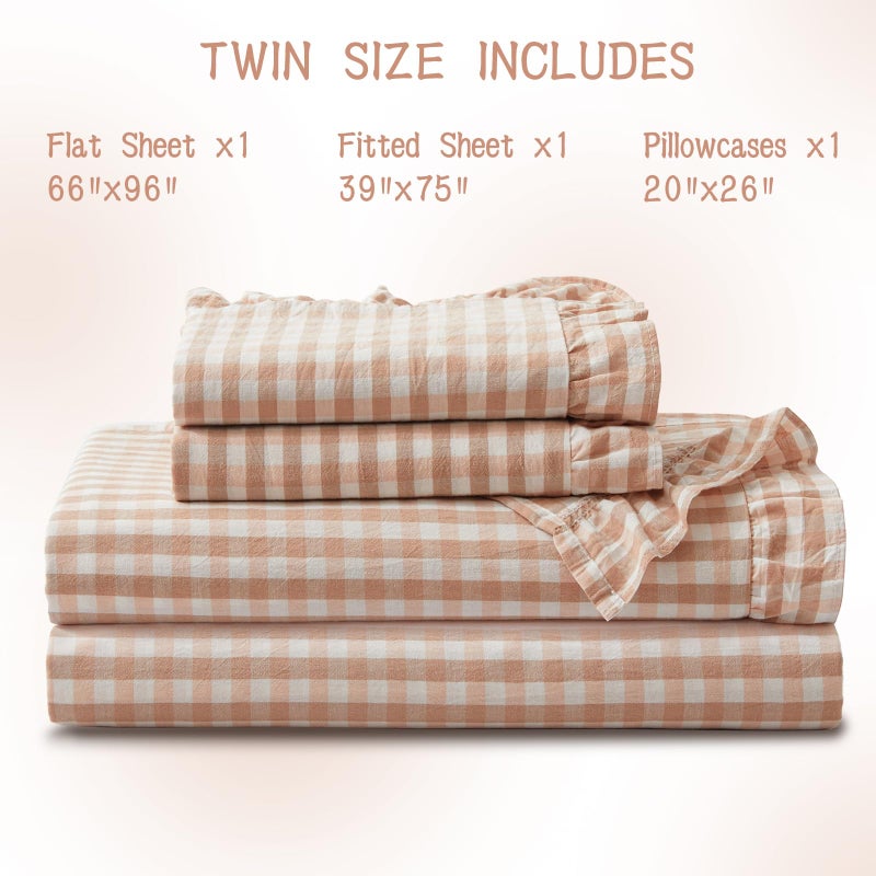 KKJIAF 3 Pieces Plaid Ruffle Twin Bed Sheets, Cotton Gingham Twin Sheet Set Linen Feel Comfy Breathable Ruffed Bed Sheet Set with 16 Inch Deep Pocket, Light Pink - Image 3