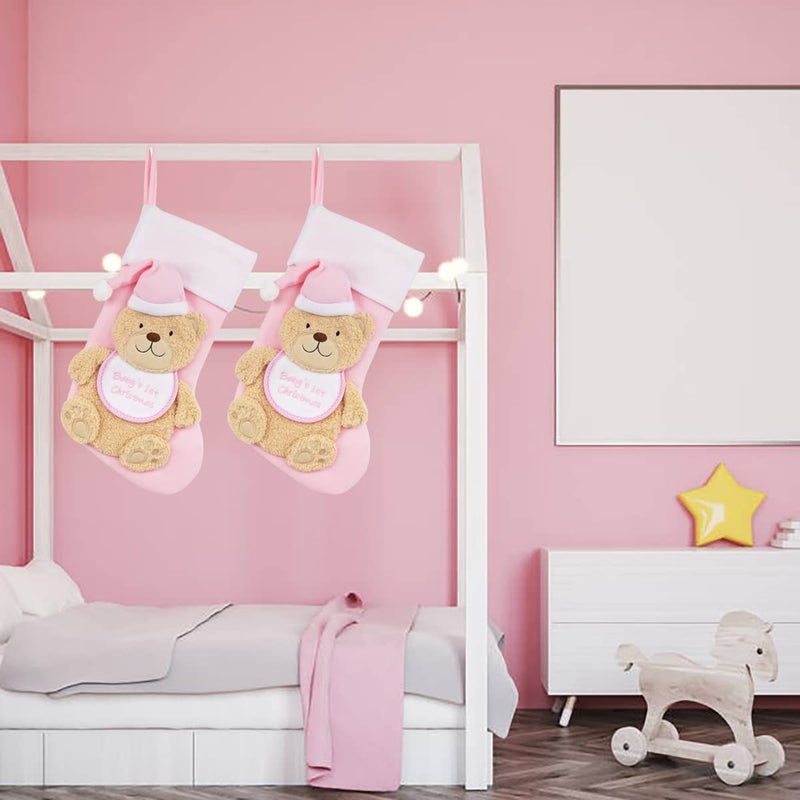 Etistta Baby'S 1St Christmas Stocking  Baby Girls & Baby Boys  18 Inch 3D Bear Baby'S First Christmas Stockings For Newborn Christmas Decor (Pink) - Image 5