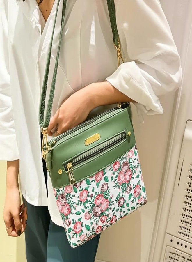Nexeura Trendy Floral Crossbody Bag for Women - Stylish Faux Leather Handbag with Adjustable Strap, Large Capacity, Lightweight Shoulder Purse, Elegant Rose Print for Everyday, Travel & Parties (GREEN) - Image 4