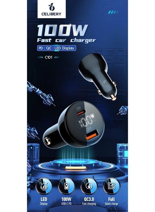 CELIBERY 100W Super Fast Car Charger Fast Charging 2 Port USB Car Power Adapter With 100W USB C Cable Car Fast Charger Plug For Steam Deck Macbook Laptops Tablets iPhone 16 15 Series Samsung Galaxy Xiaomi Black - Image 3