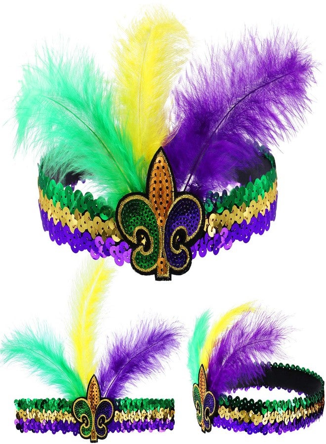 WILLBOND 3 Pcs Mardi Gras Headband Sequins Glitter Hair Band for Masquerade Mask Party 1920s Carnival Party Headwear(Floral) - Image 1