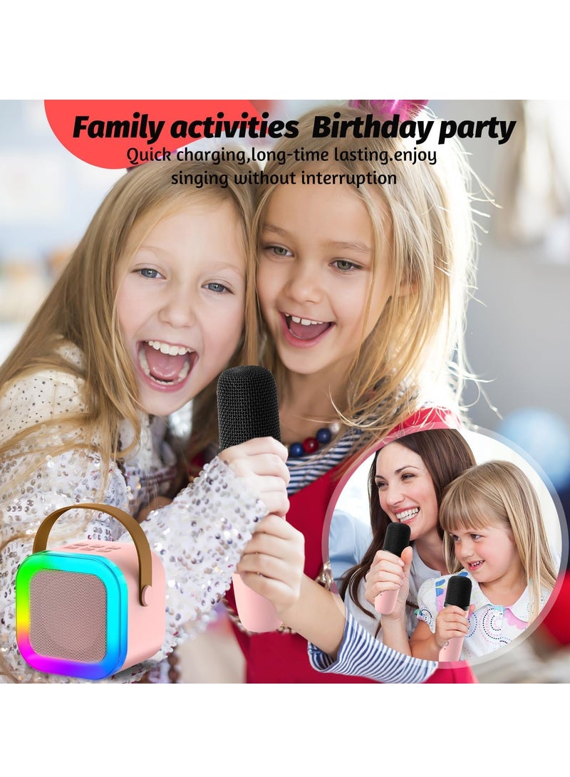 Mini Karaoke Machine for Kids Adult Birthday Gift, Portable Bluetooth Karaoke Speaker with 2 Wireless Microphones and LED Colored Lights for Family Birthday Party (Pink) - Image 5