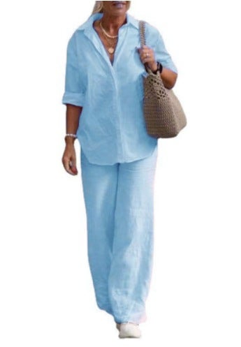 2023 Collared Shirt  Wide-Leg Pants Set for Women Light blue