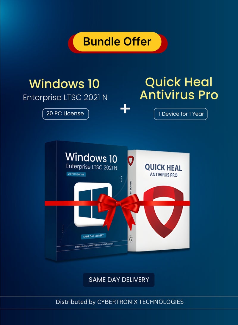 Windows Microsoft Windows 10 Enterprise LTSC 2021 N ( 20 PC License ) | Quick Heal Antivirus Pro (1 Device, 1 Year) | Digital License | Same Day Delivery | Bundle Pack