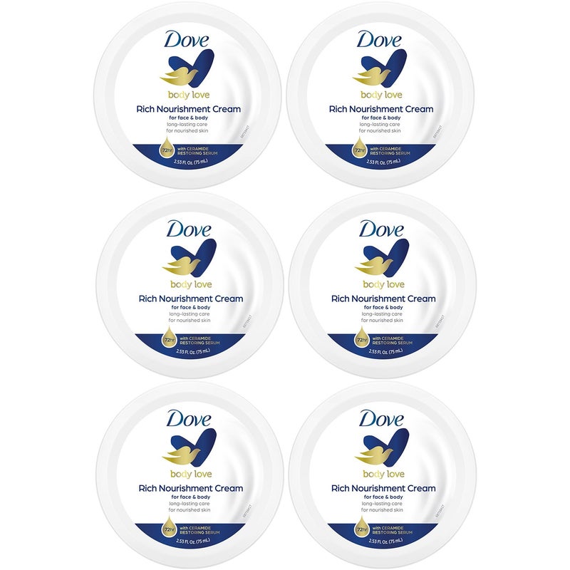 Dove Body Love Rich Nourishment Cream, Face, Hand & Body Lotion for Extremely Dry Skin, Fast-Absorbing 72-Hour Moisturizing Cream with Ceramide Serum, Travel Size, 2.53 Oz (Pack of 6) - Image 1