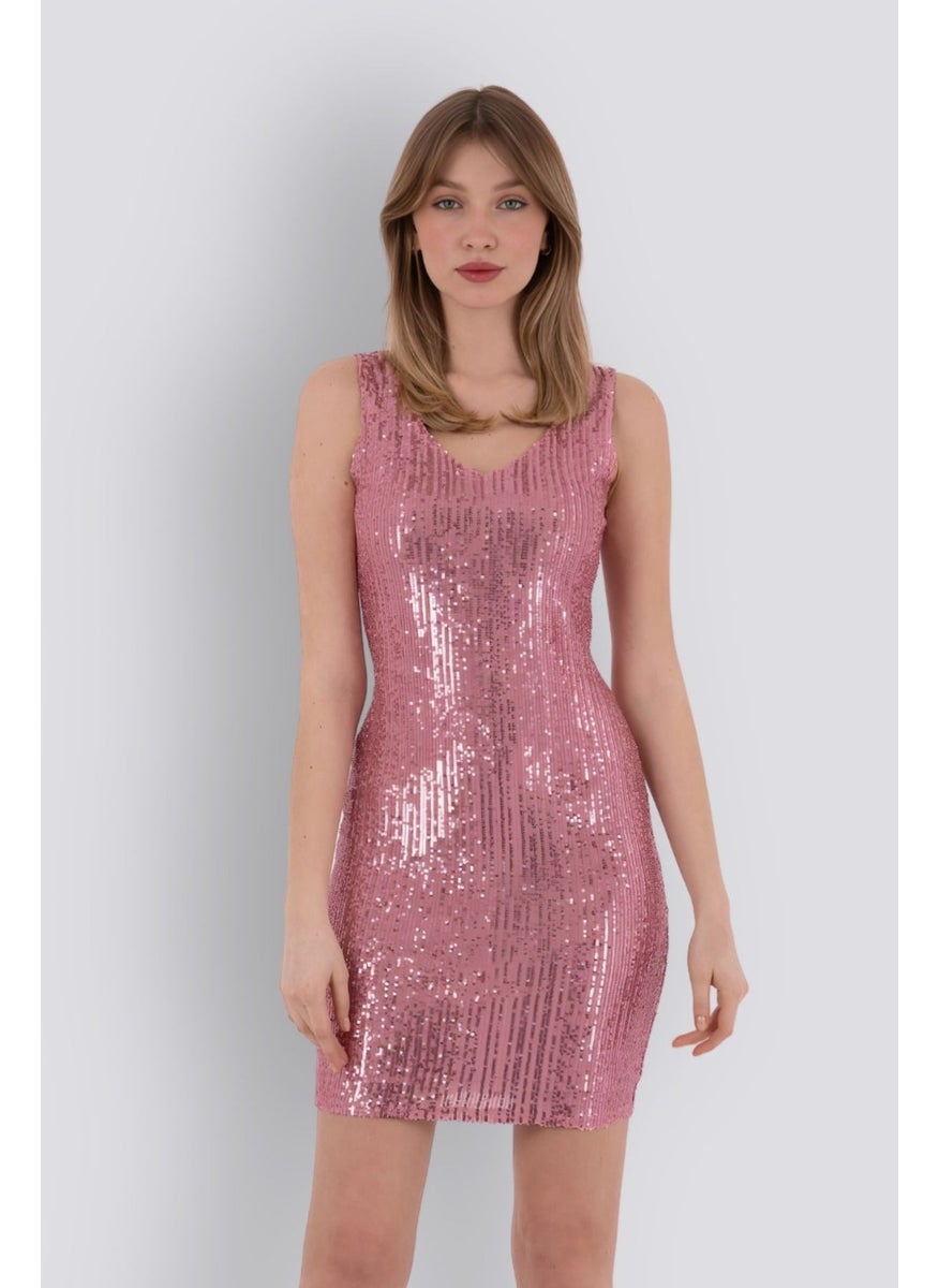 HOX'S Candice | Sequined Mini Slim Dress V Neck Sleeveless Backless - Powder  - Image 1